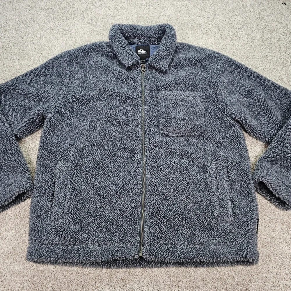Quiksilver Deck Mens Sherpa Fleece Zip Up Jacket Gray Size Medium New